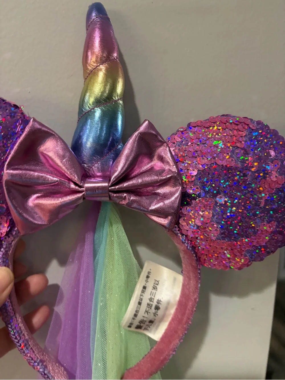 Disney Pink Sequin Unicorn Ear Headband with Rainbow Veil